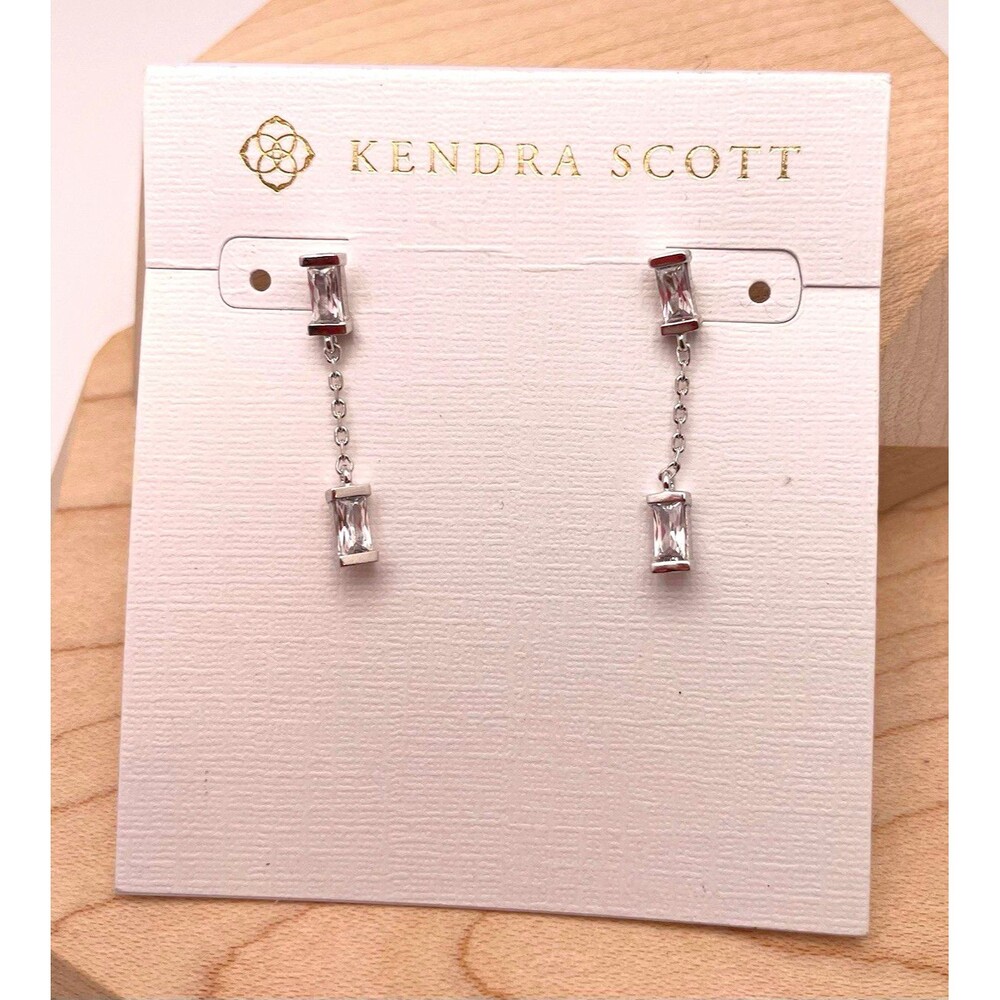 Kendra Scott Juliette Silver Dangle Drop Earrings Clear Baguette Stones Signed